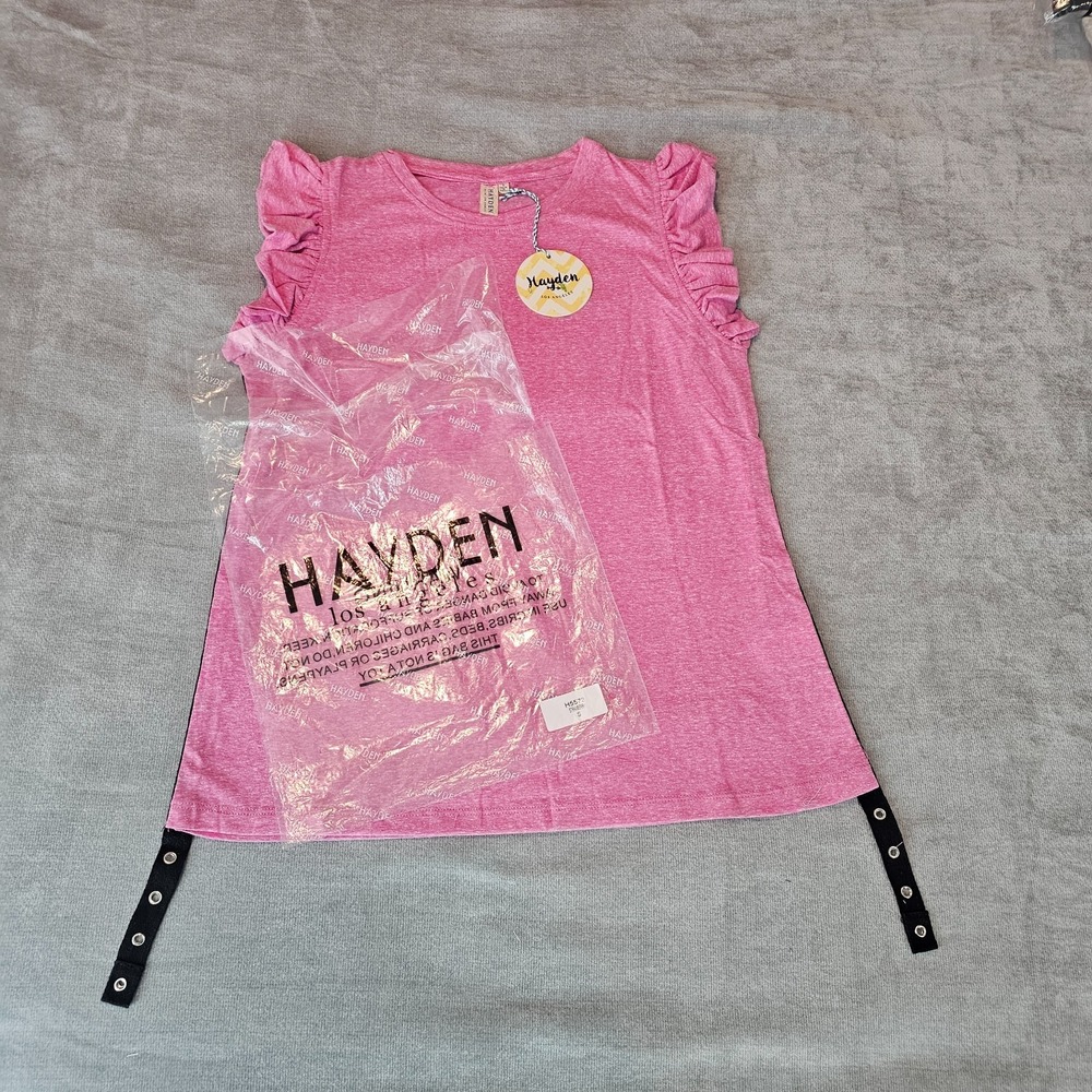 Hayden L.A Women's Pink Ruffle Cap Short Sleeve Tie Tape Side Top NWT Small - Picture 14 of 14